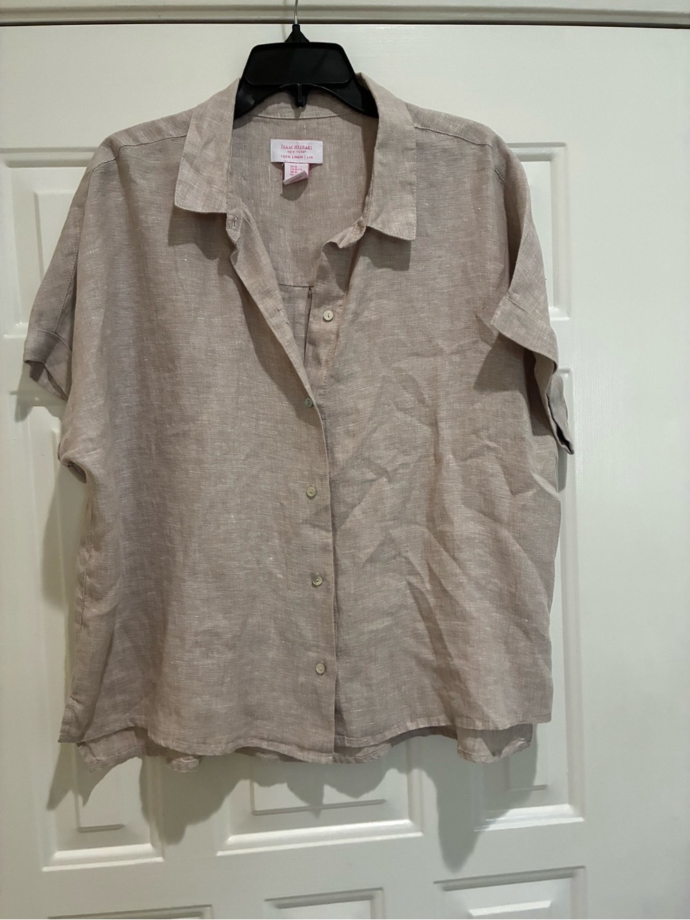 Isaac Mizrahi New York Linen Button-Front Short Sleeve Top - Taupe